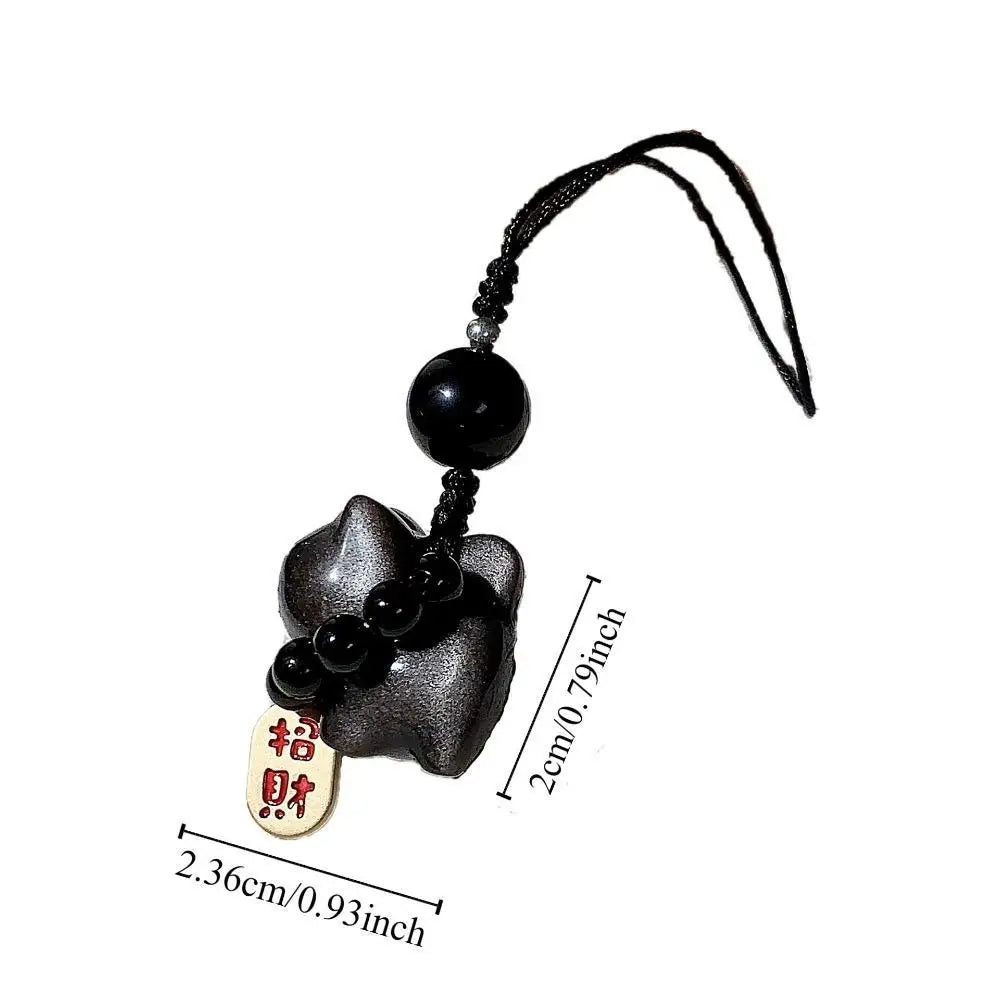 Silver Obsidian Cat Lucky Keychain Bag Charms Hanging Braid Rope Zpaxo