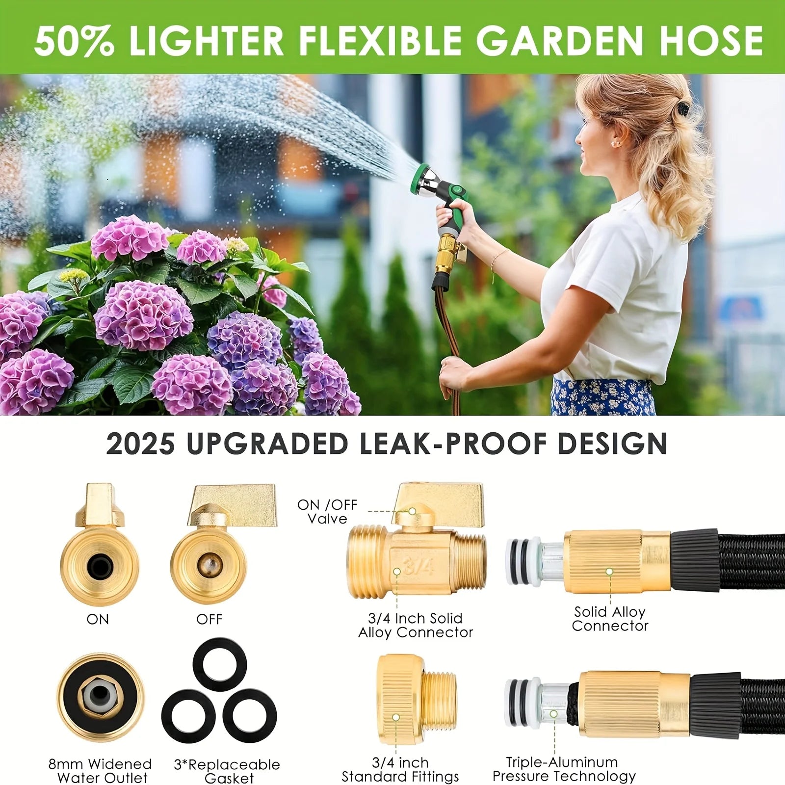 US 50FT Heavy-Duty Garden Hose | Non-Expandable, with 3/4" Solid Brass Fittings, Leakproof Design, Durable Rubber Material, Zpaxo