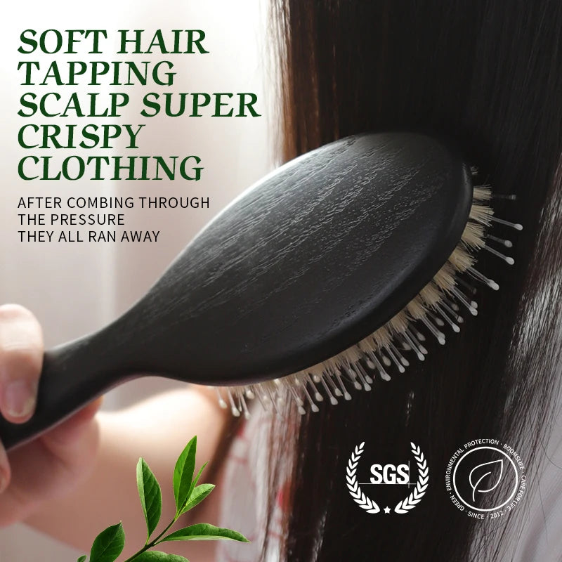 Custom Black Color Boar Bristles Hair Brush Mix Nylon USA Oak Wood Handle Massage HairBrush Women Hair Comb Long Short Hair Care Zpaxo