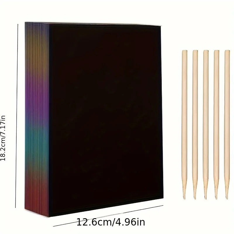 50pcs Magic Scratch Paper 5pcs Bamboo Pens Scratch Rainbow Art Paper Scratch Painting Kit with 5 Wooden Sticks Birthday Gift Zpaxo 50pcs