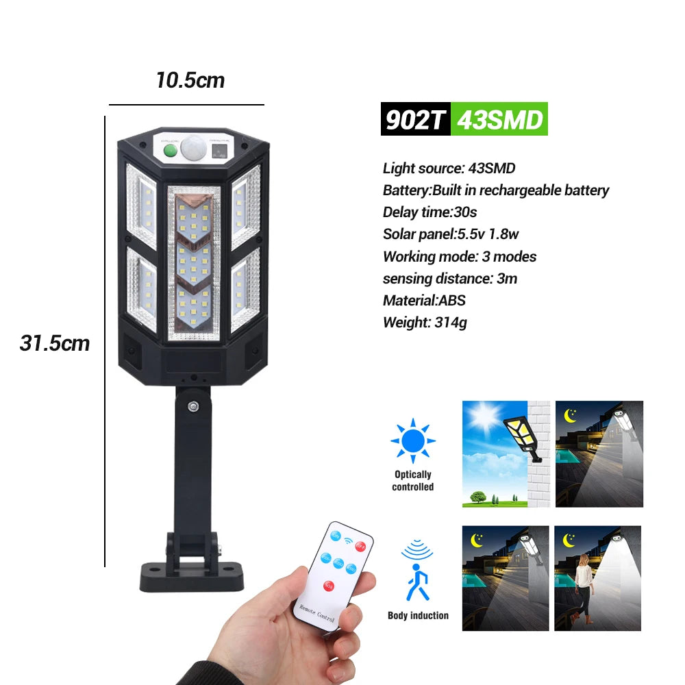 2000LM Solar Light for Outdoor Solar Lamp Sunlight Motion Sensor Light Remote Control Waterproof Street Wall Yard Lamp Zpaxo 43 SMD 1PC