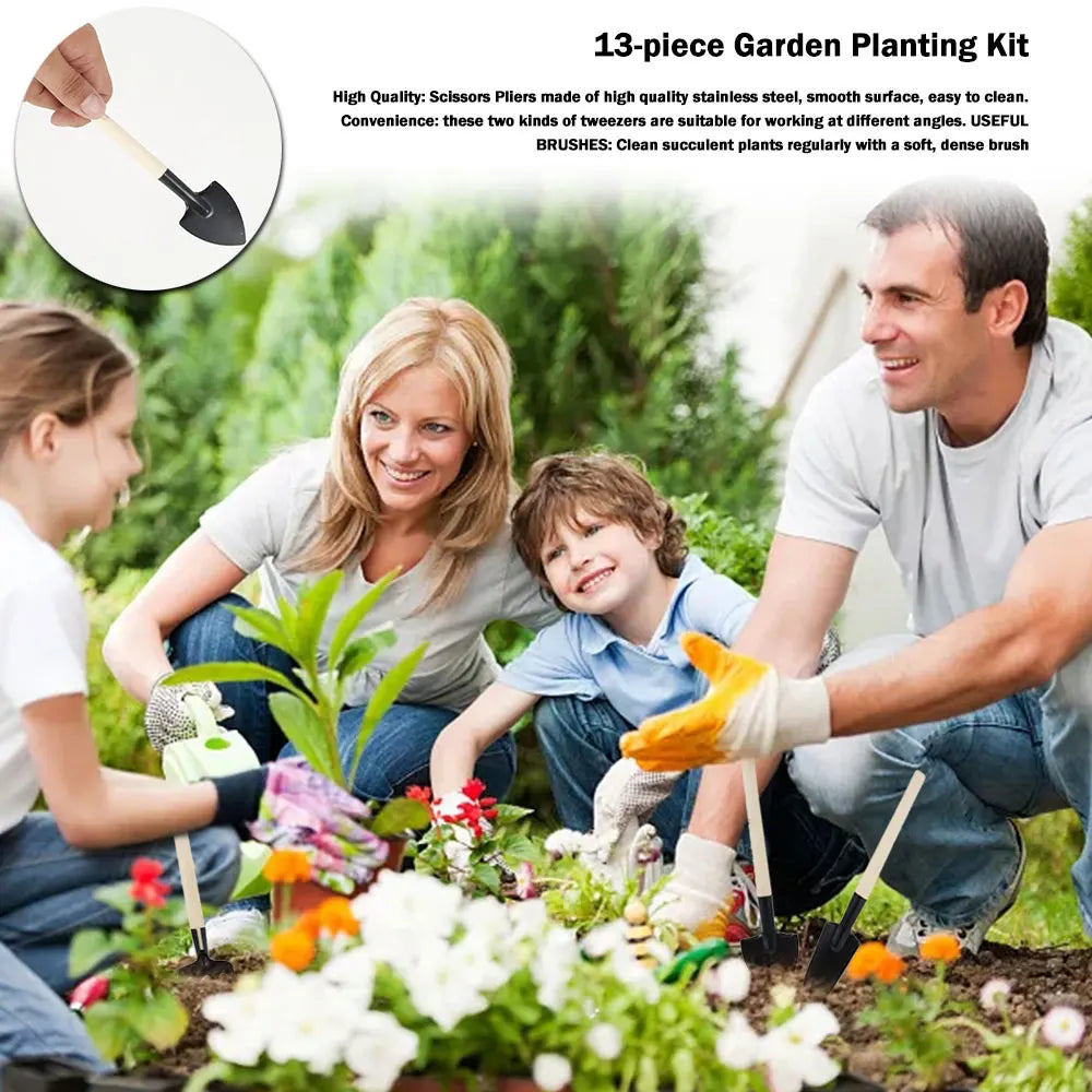 13pcs Mini Garden Shovel Rake Spade Scissors Bonsai Tools Set Wooden Handle Scissors for Flowers Potted Plant Garden Weeding Zpaxo