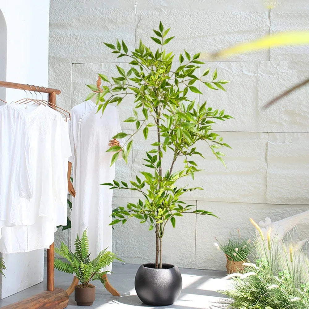 75-140cm Artificial Plants Nandina Tree Green Tall Plants Fake Leaves Plants Faux Branches for Home Garden Office Decor Zpaxo