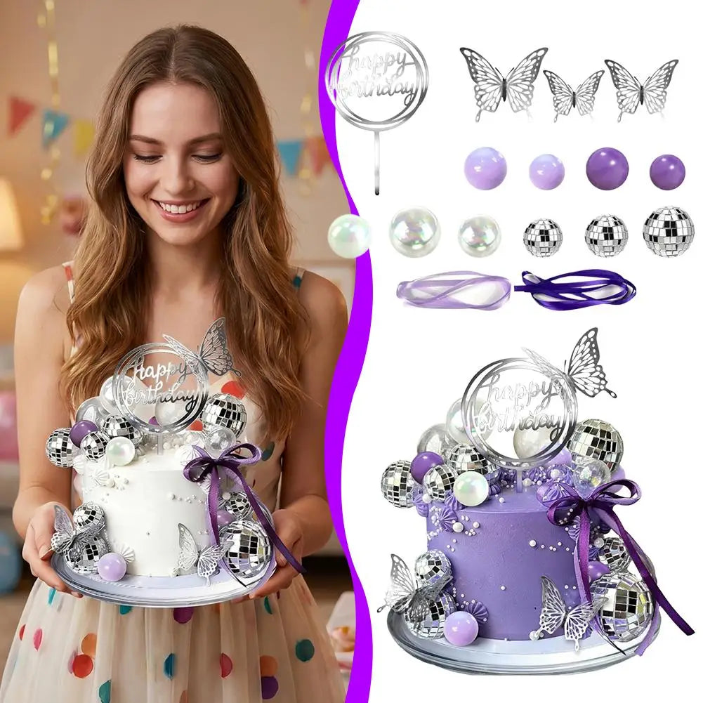 Disco Dance Music Birthd Disco Ball Cake Topper Purple and Transparent Pearl Balls Decorations with Silver Butterfly for 70s 80s Zpaxo