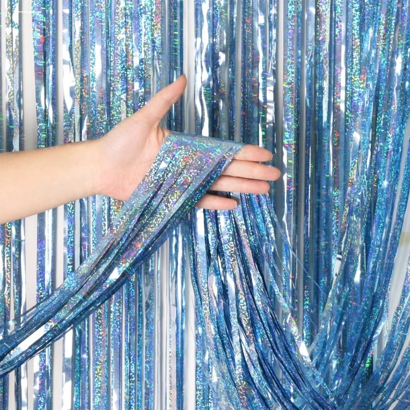2M Glitter Pink Metallic Foil Tinsel Curtain Backdrop Birthday Zpaxo Light blue