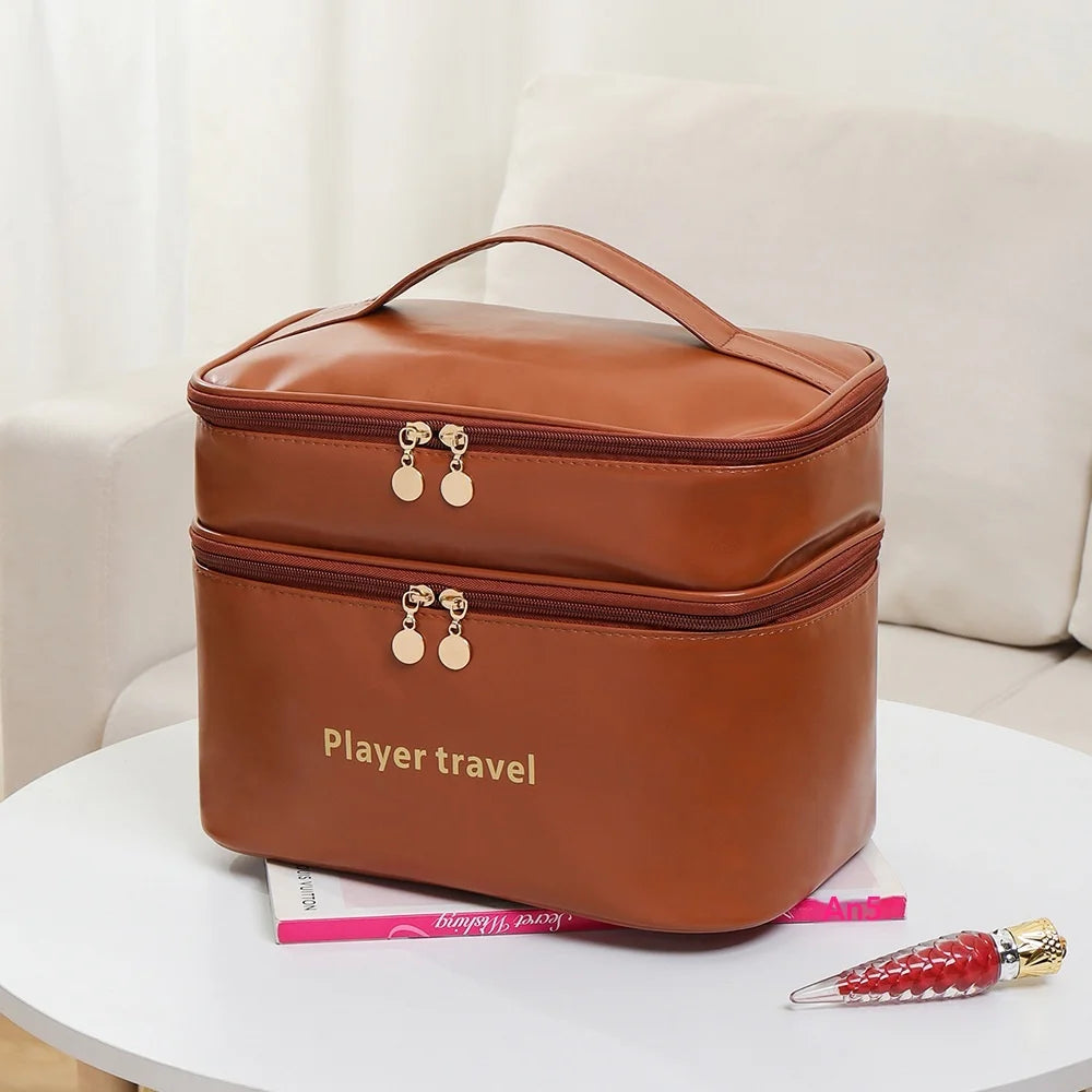 New Double Layered Portable Large Capacity Toiletry Bag Pu Waterproof Makeup Bag Travel Portable Toiletries Cosmetic Storage Bag Zpaxo Dark Brown