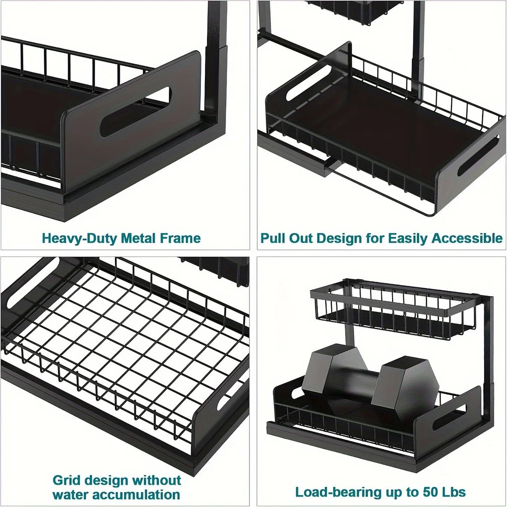 Double-Layer Pull-Out Under Sink Organizer Rack with 5 Hooks Under Sink Organizer Zpaxo