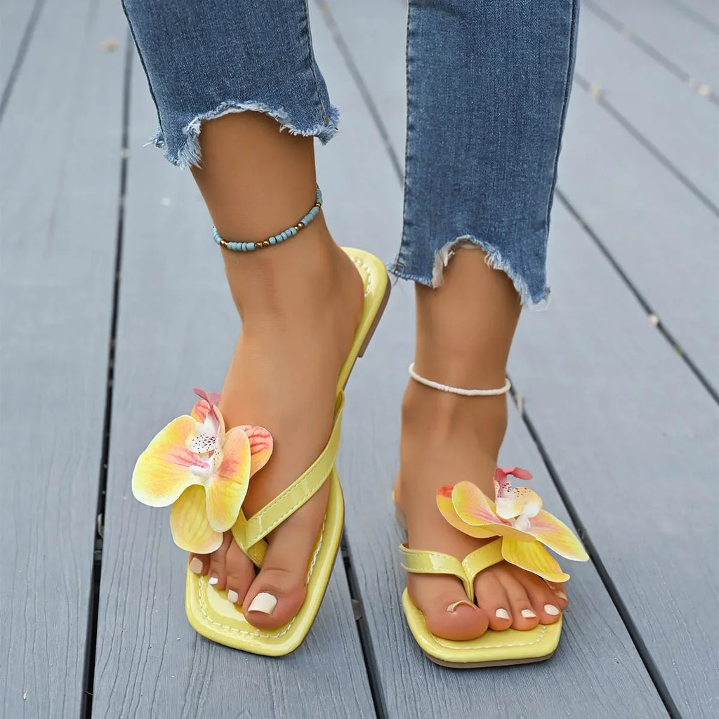 Women Slippers Summer Flip Flops Square Toe Flat Sandals Outdoor Zpaxo