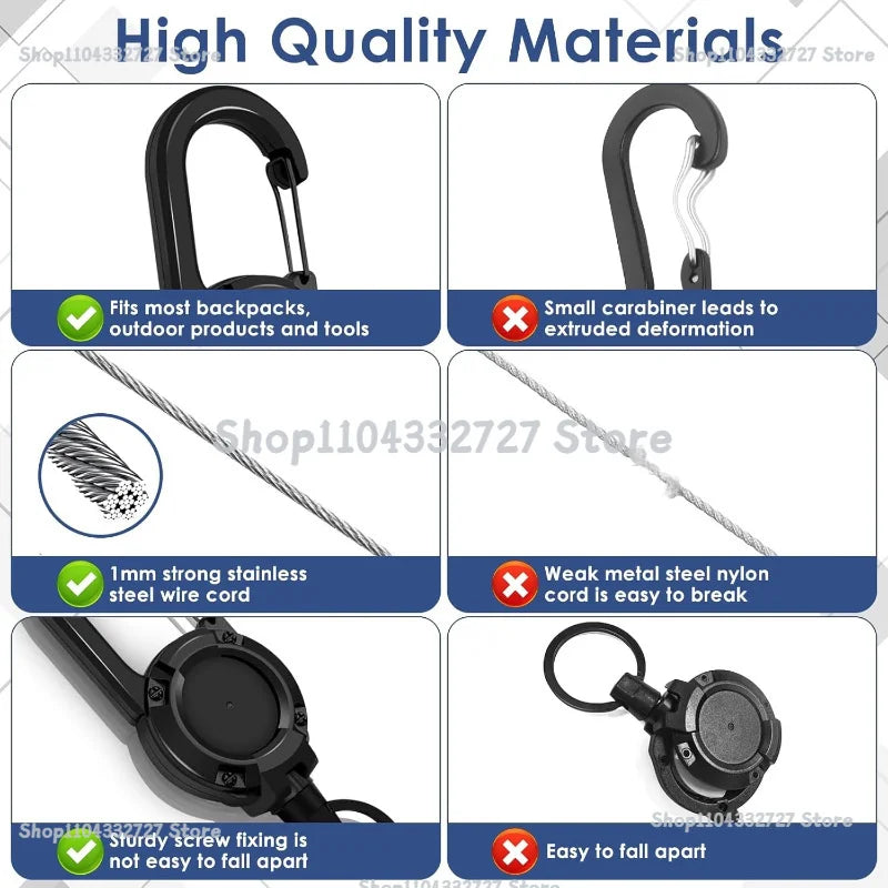 Retractable Heavy Duty Pull Reel Carabiner Key Chains Strong Steel Wire Rope Buckle Spring Key Ring Outdoor Sporty Keychain Tool Zpaxo