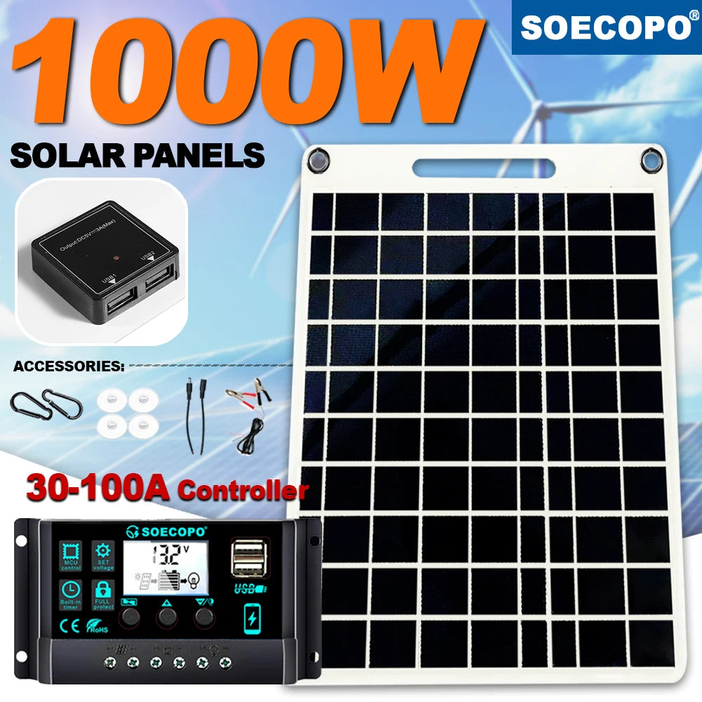 1000W Solar Panel 100A Smart Controller Portable Mono Home RV Camping