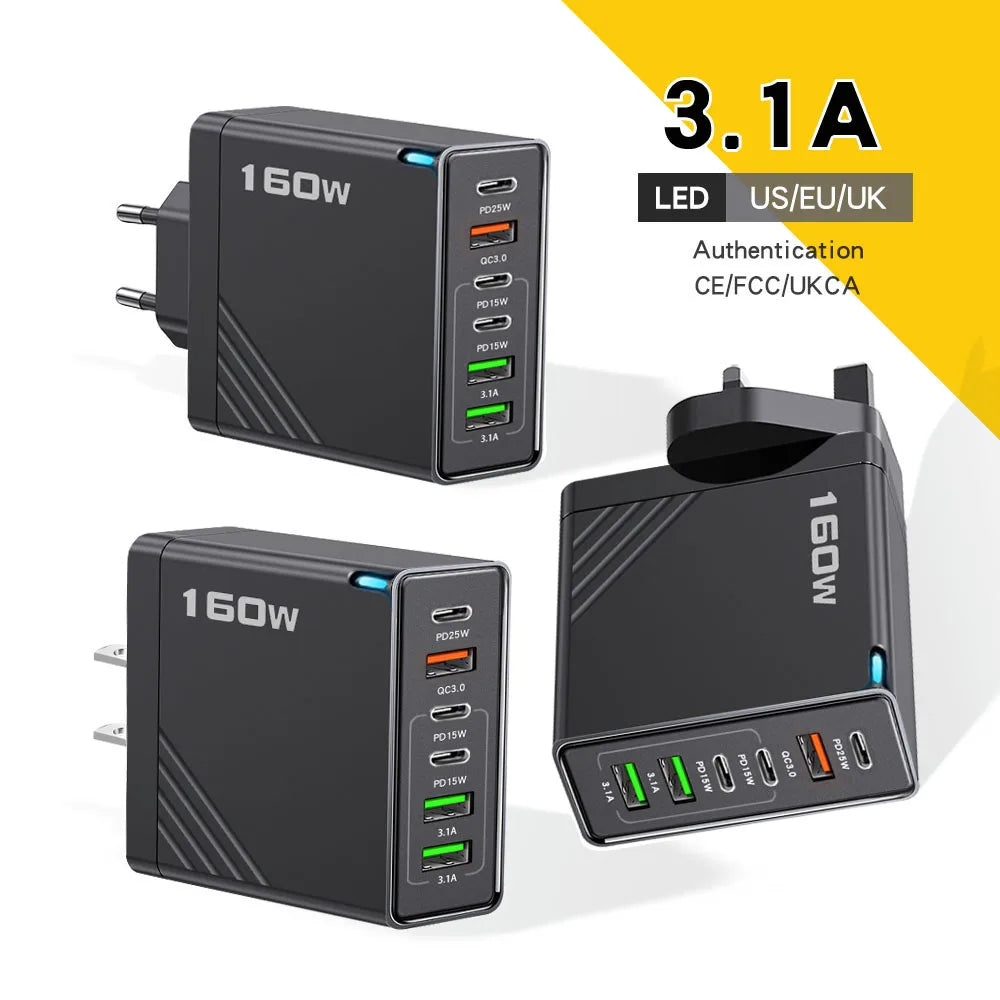 160W USB-C Multi-Port Fast Wall Charger | iPhone & Android USB-C Wall Charger Zpaxo