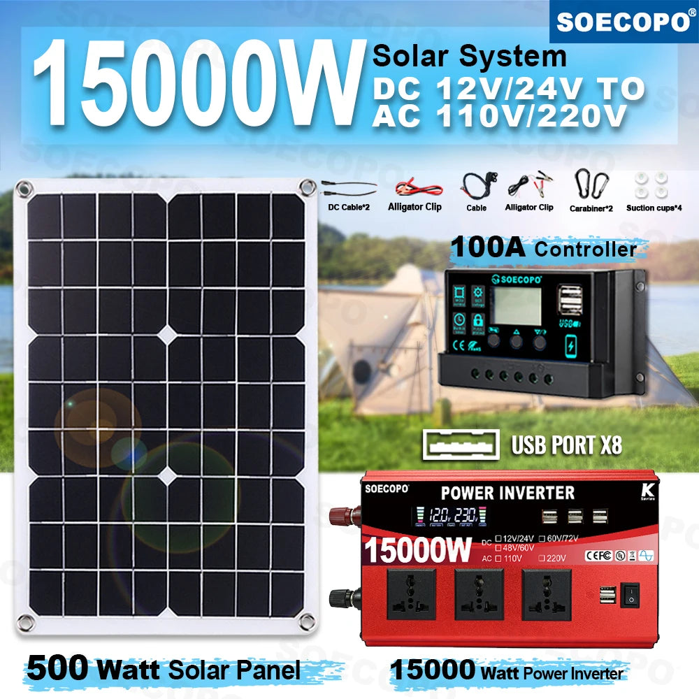 SOECOPO 15000W Complete Solar System 500W Panel Inverter 3 Sockets 8