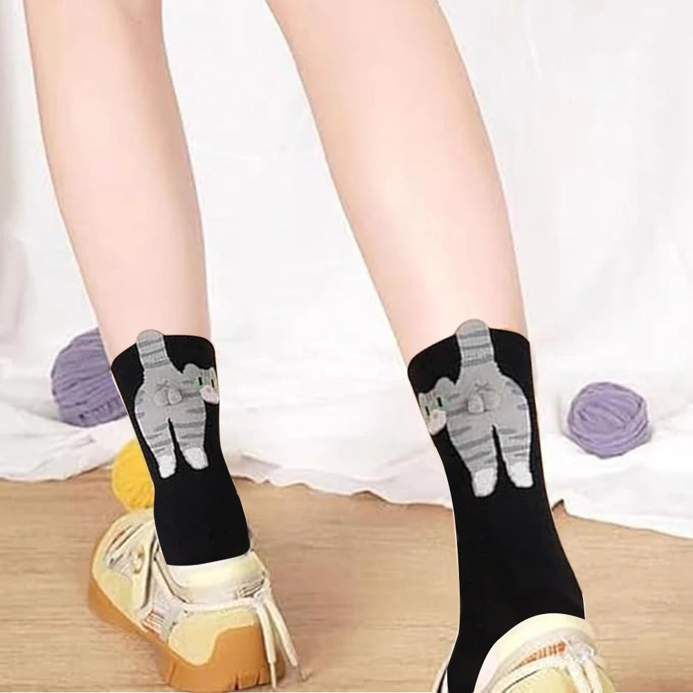 1-2Pairs Funny Cotton Socks with Fuzzy Balls Cartoon Animal Socks Breathable Cat Middle Tube Socks Novelty Gifts for Cat Lovers Zpaxo