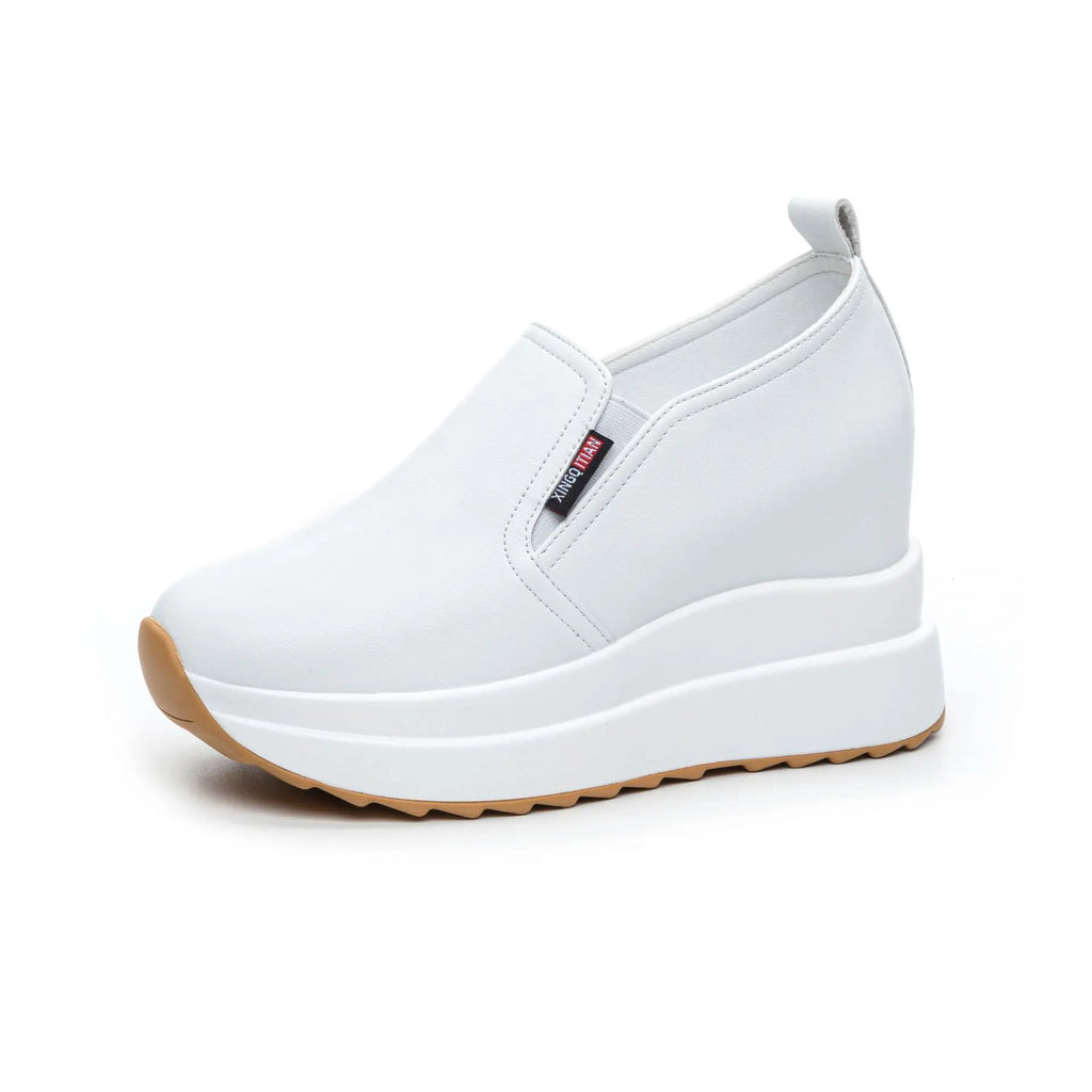 Leather Wedge Sneakers Women Slip Design Round Toe Non Thick Sole Zpaxo 515 White 37 China Mainland
