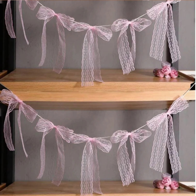 Pink Bow Garland Hanging Bunting Banner Girls Princess Birthday Party
