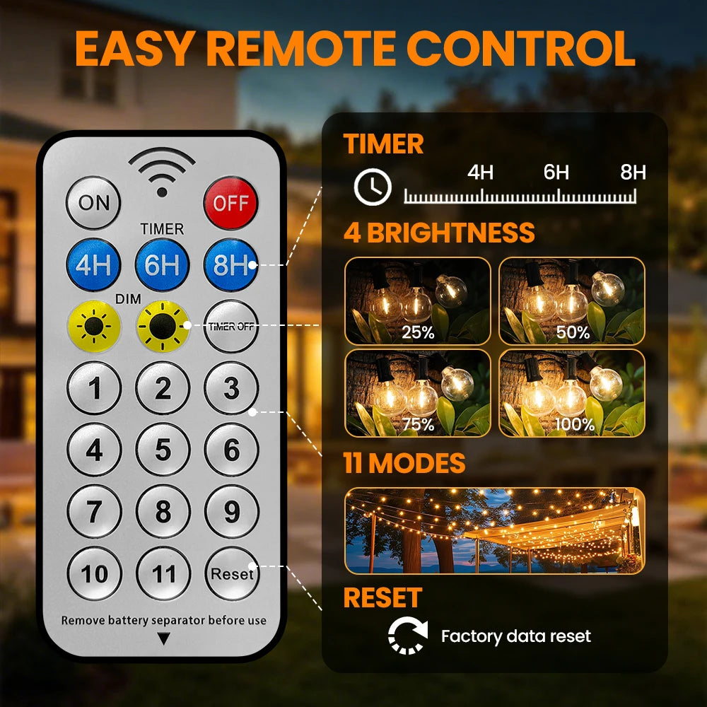 18-30M Solar String Lights Outdoor Waterproof with Remote G40 LED Shatterproof Bulbs 11 Light Modes IP65 Waterproof String Light Zpaxo