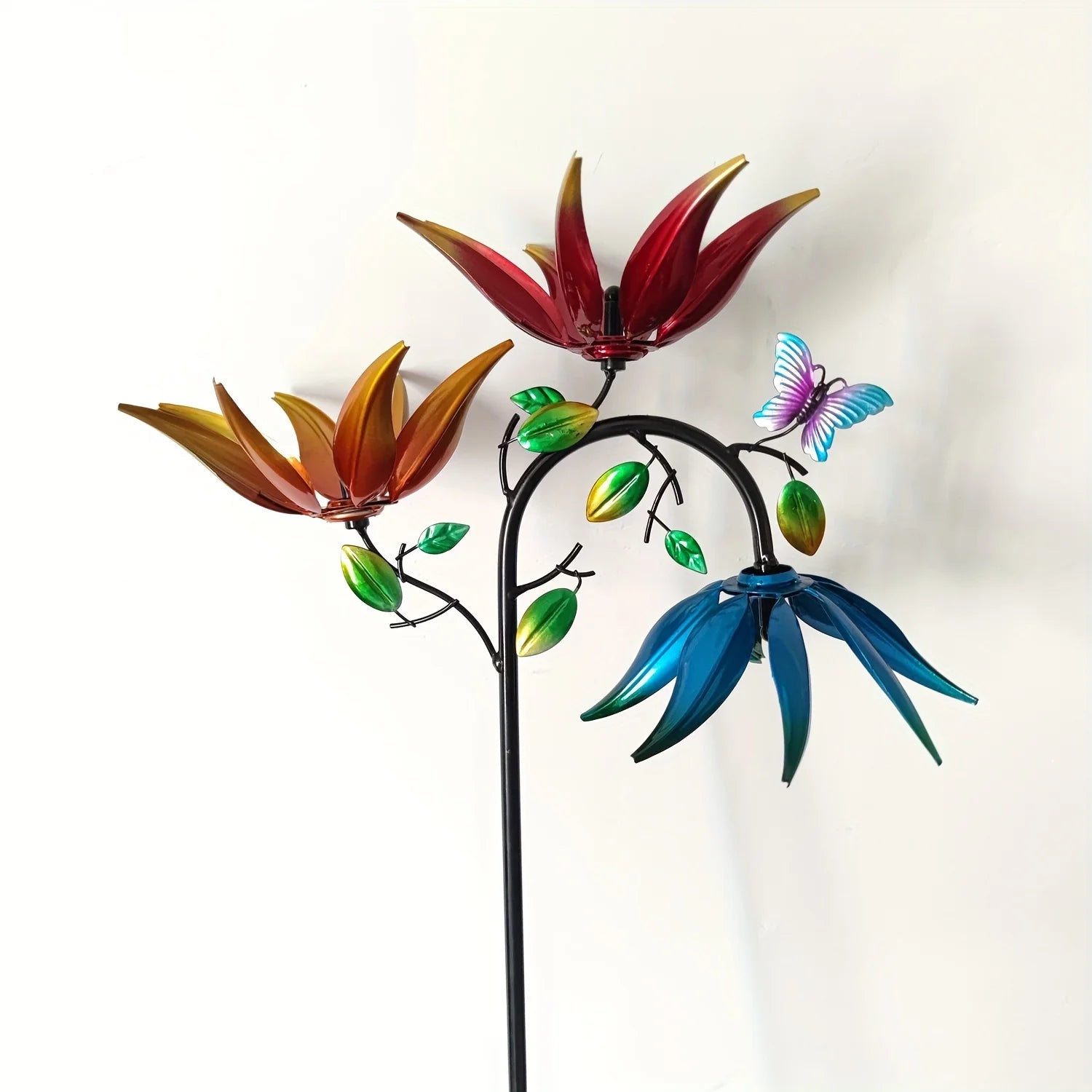 Metal Wind Spinner Flowers Butterflies Three Rotating Flower