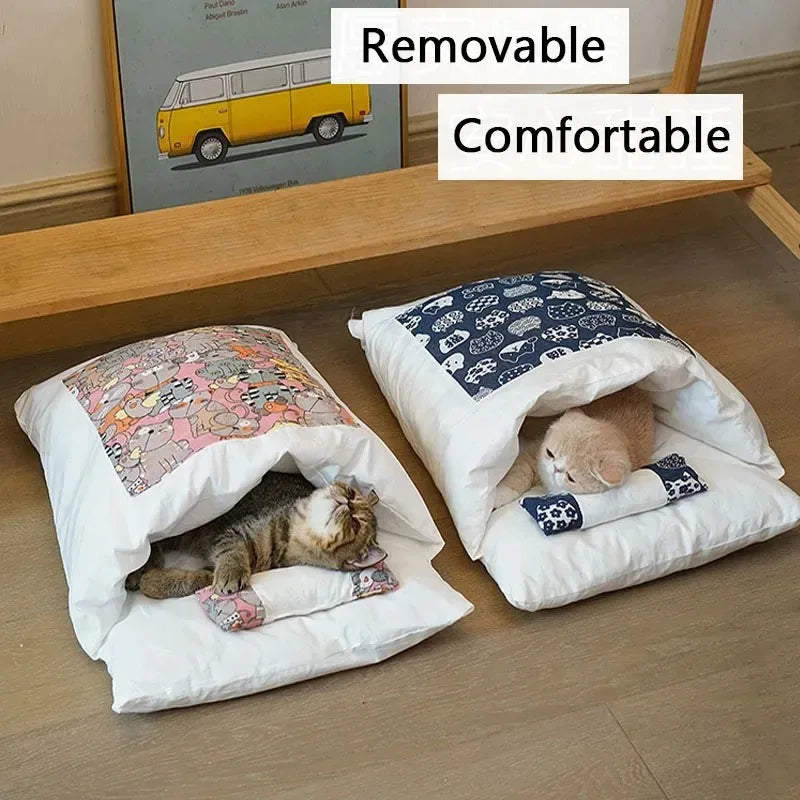 Kawaii Removable Cats Bed House Home Supplies Products for Adult Cats Large Pet Dog Bed Cat's House Cave Comfortable Food Cute Zpaxo