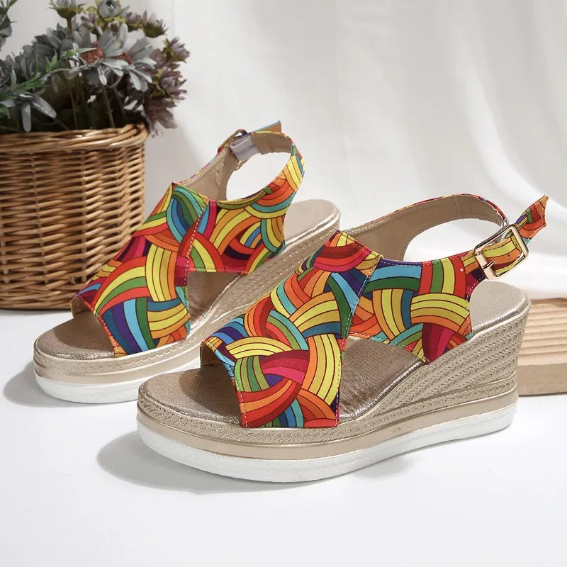 Women's Fish Mouth Open Toe Vintage Ankle Buckle Strap Wedge Heel Zpaxo