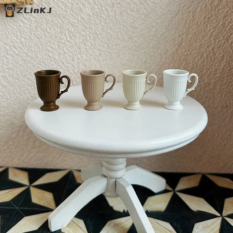 ▶1Pcs Dollhouse French Retro Mini High Foot Relief Mark Coffee Cup With Handle Miniature Scene Decoration High End Stemmed Mugs Zpaxo