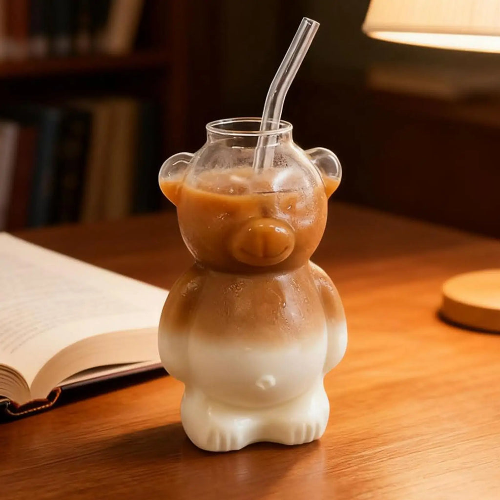 Glass Tumbler Straw Bear Design Cute Iced Coffee Cup Juice Water