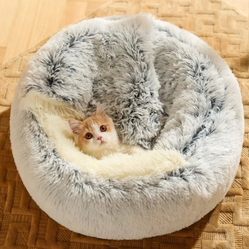 Fluffy Hooded Round Cat Bed Anti- Cave Anti-slip Bottom Machine