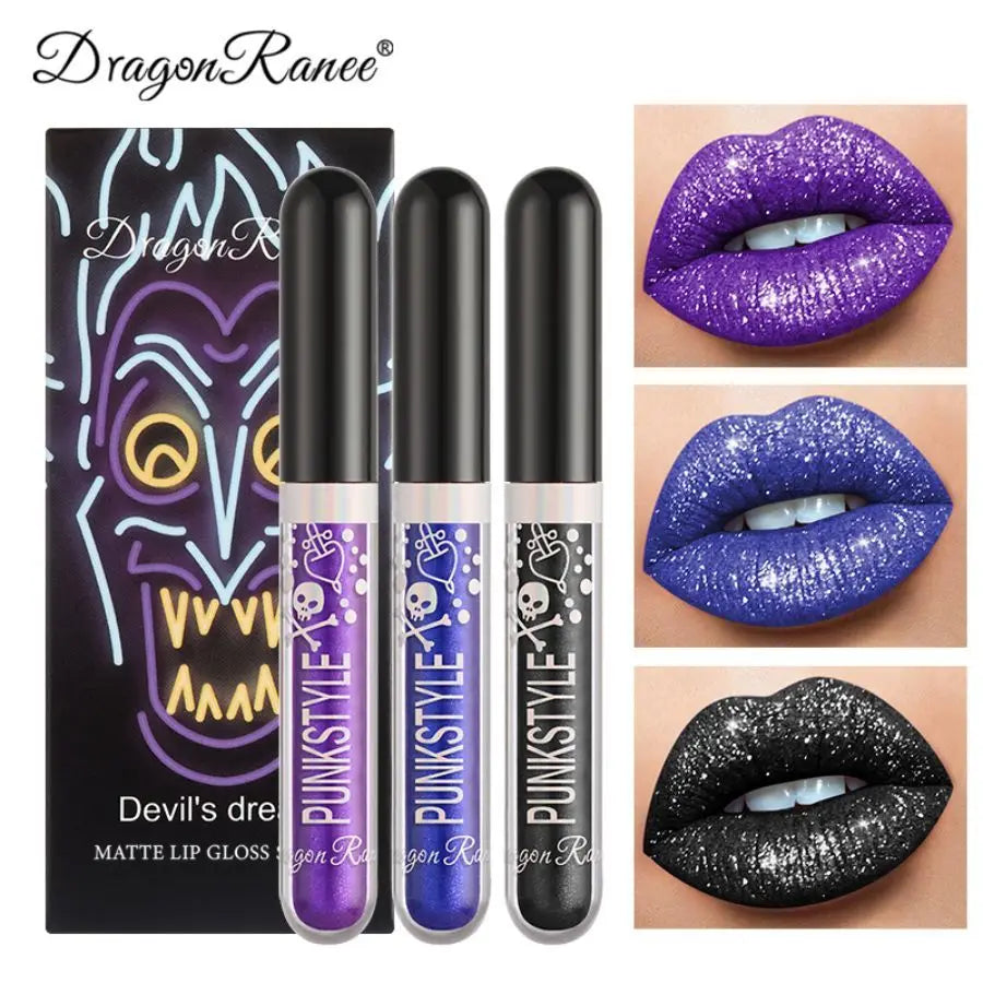 Lip Gloss in a Box of Three, Pearlescent Lipstick in a Non-Stick Cup, Shiny Purple and Black Lip Gloss Set Zpaxo