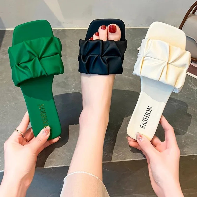 Summer Slippers Women Flip Flops Flats 2024 Pleated Korean Sandals