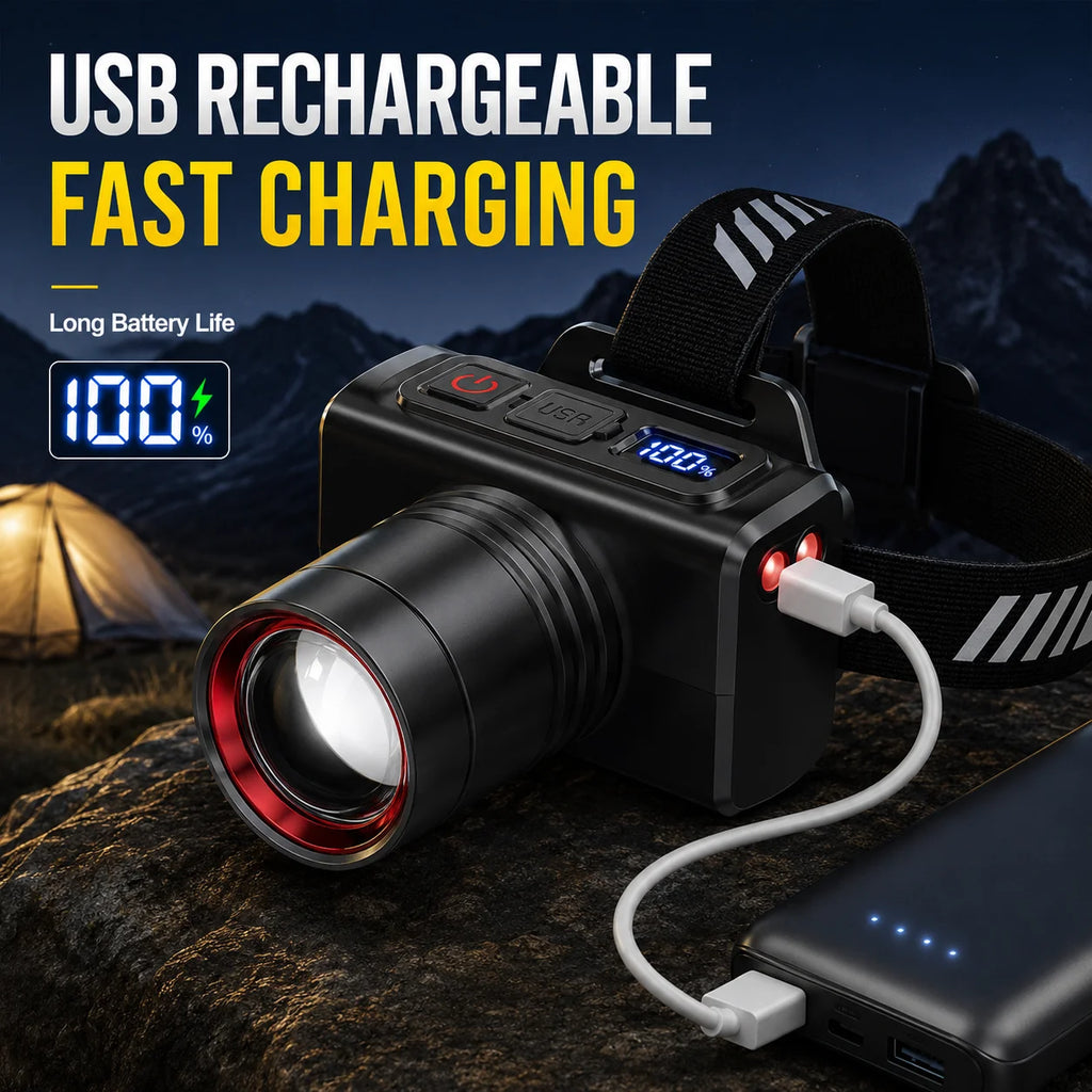 LED Rechargeable Headlamp Adjustable Zoom Waterproof Ultra Bright Headlight USB Head Torch for Camping Hiking Fishing Repair SOS Zpaxo