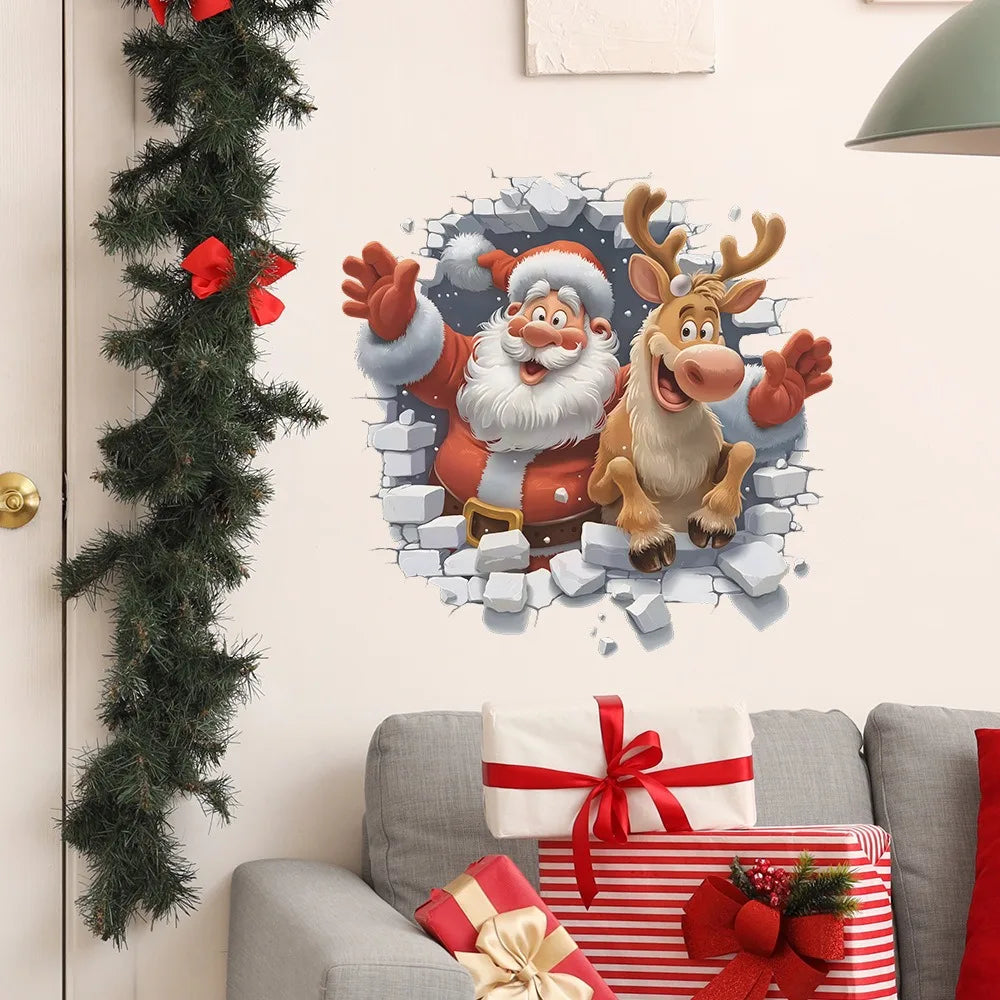 3D Santa & Reindeer Christmas Wall Stickers – Removable PVC