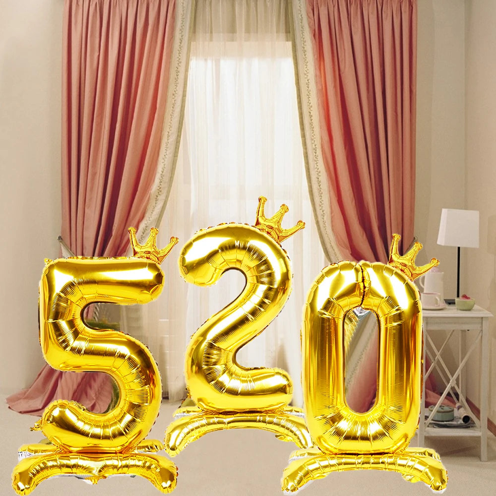 Gold Number Stand Foil Balloons Crown Digital Figures Globos 0-9