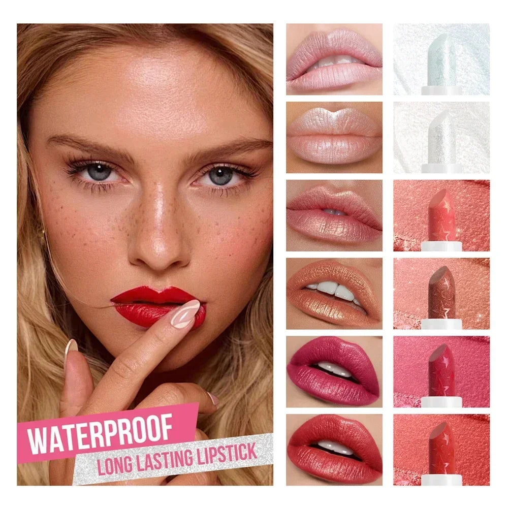 Diamond Pearlescent Lipstick Waterproof Long Lasting Non-stick Cup Matte Velvet Shiny Lipsticks Red Sexy Lips Makeup Cosmetics Zpaxo