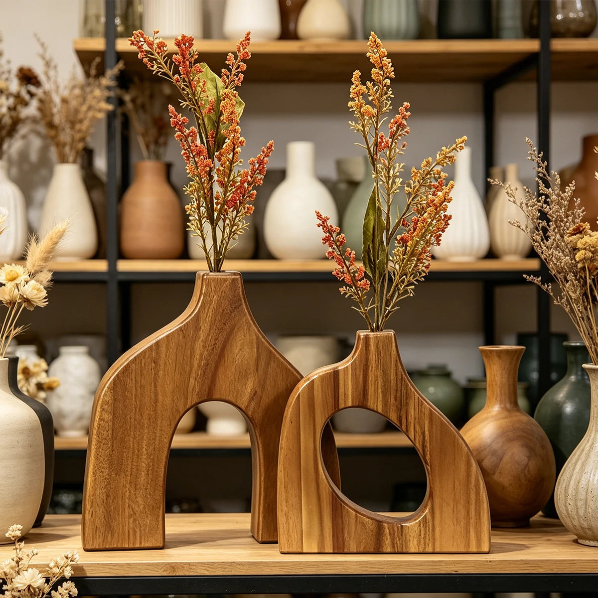 2-Pack Wooden Vases – Scandinavian Tabletop Centerpiece Decor