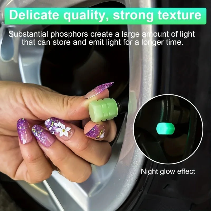 Car Luminous Tire Valve Stem Caps Absorb Light&glow Dark Green Cool