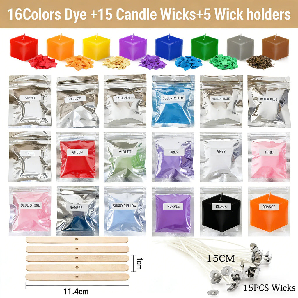 16 Candle Dye Colors, 15 Wicks & 5 Holders – DIY Candle Making Kit Candle Making Kit Zpaxo Set A