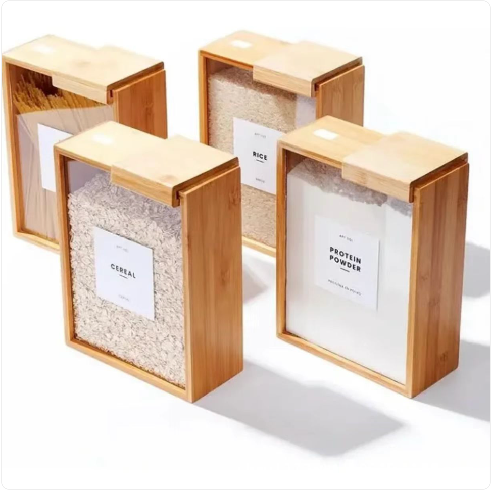Bamboo Sliding Lid Grain Storage Box Zpaxo