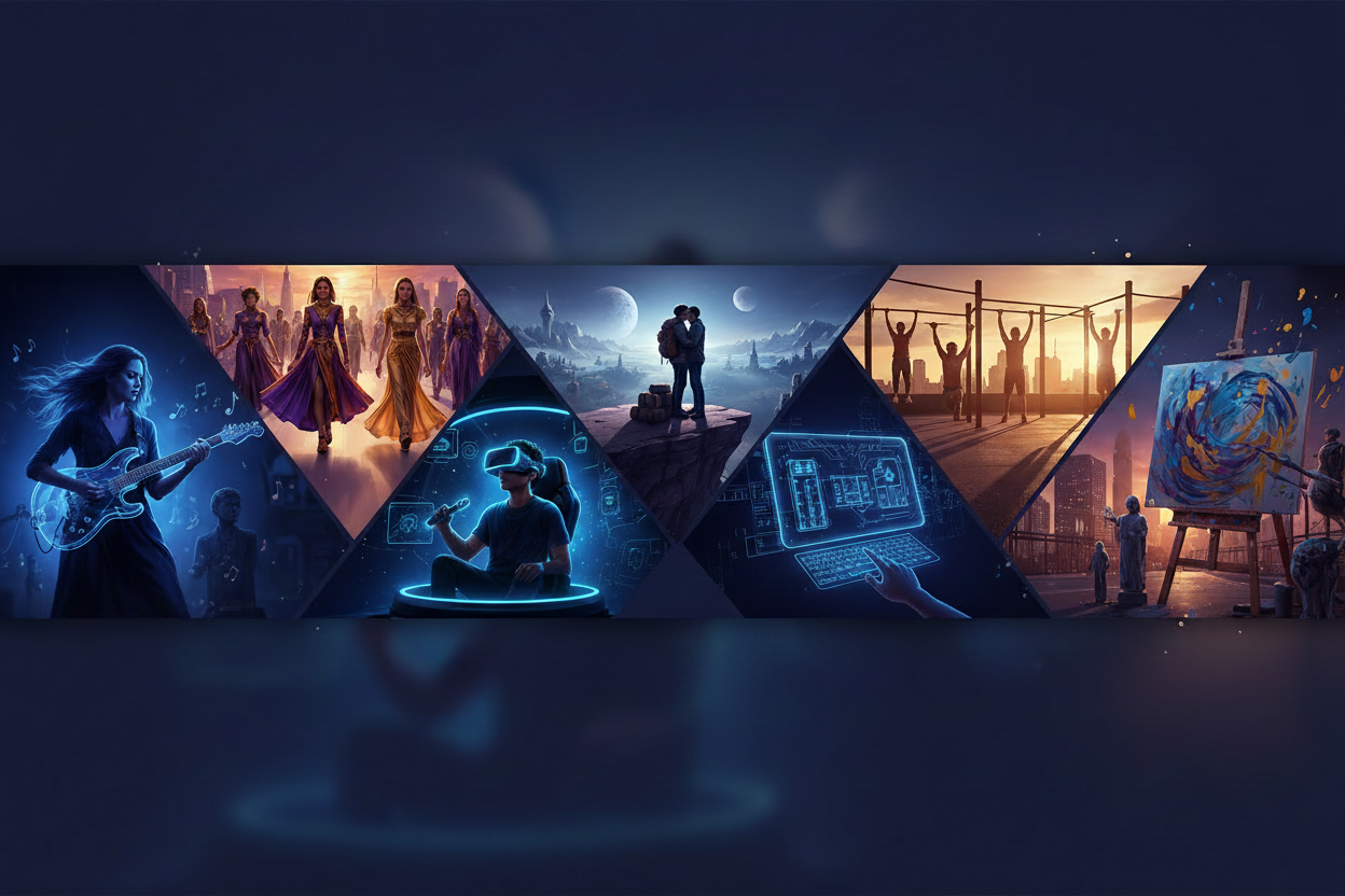 Promotional graphic with various activities and a central text 'Live Your World' on a dark background.